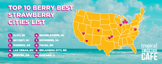 Map of The United States with heart icons showing the top 10 cities where Strawberries are sold at Tropical Smoothie Cafe